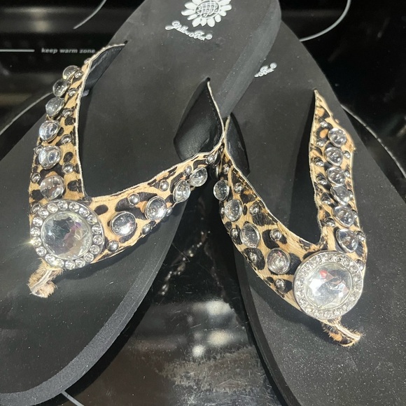 Yellow Box Black and Brown Sandals with Leopard Print - Picture 1 of 3